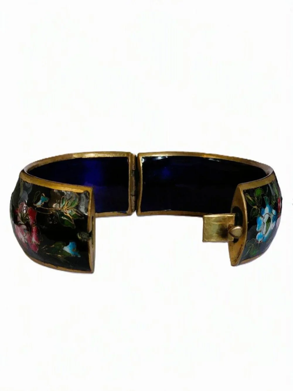 Vtg 60s Chunky Cloisonne Hinged Bangle Bracelet Heavy Brass Black Enamel 1.25